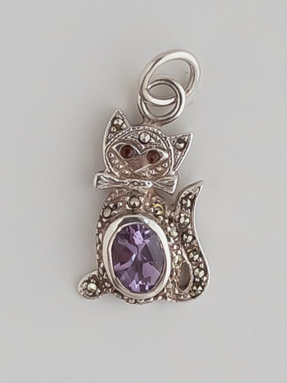 Vintage Sterling Silver Garnet Amethyst Marcasite Pendant Kitty Cat Feline